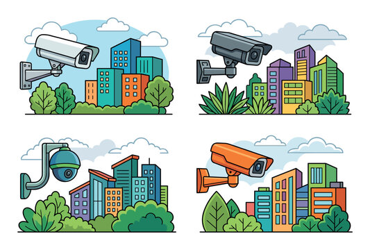 Surveillance cameras protecting city streets and buildings, monitoring urban privacy, crime prevention, and security