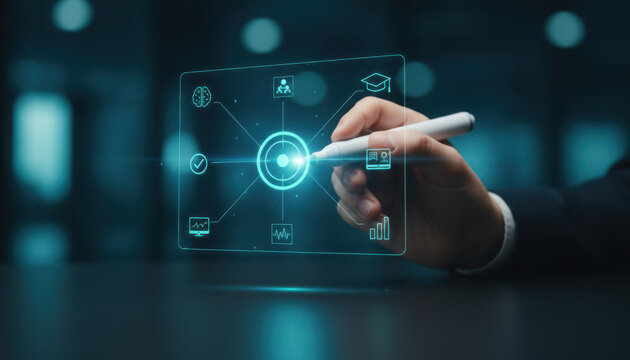 Close-up of a hand using a smart stylus to interact with a glowing blue futuristic holographic user interface featuring educational and medical data icons