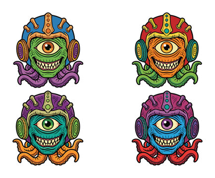 Colorful alien cyclops monsters wear helmets, display sharp teeth, and wield octopus tentacles