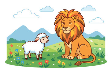 Obraz premium Lion befriending a small lamb, sharing a field of colorful flowers, symbolizing unity and partnership