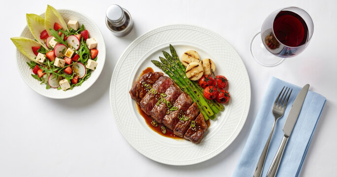 Grilled wagyu beef fillet with oriental sauce, asparagus, fresh salad, and a glass of red wine on a white linen table.