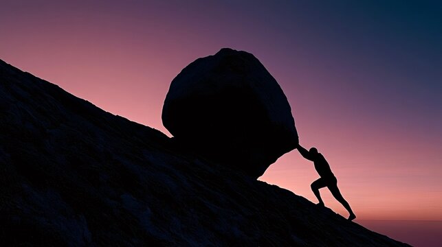 Person pushing boulder uphill at sunset symbolizing struggle