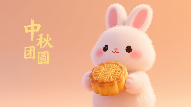Cute 3d white rabbit holding golden mooncake