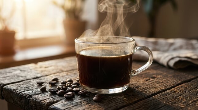 Steaming coffee pouring into a glass mug on rustic wooden table