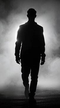Vertical video: Ring light firing, man walking forward on smoky stage, aligning halo in blazer