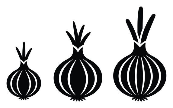 A set of three black onion of increasing size arranged in a row on a white background