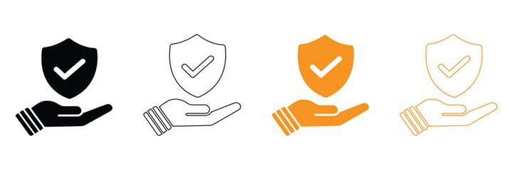 Fototapeta premium Protection icons with shield and hand on white background for security and safety concepts