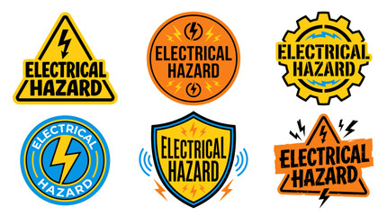 Fototapeta premium Collection of electrical hazard warning signs featuring lightning bolt symbols, indicating risk of electric shock, danger, and high voltage in industrial or construction areas