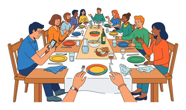 Friends gather around a dining table, eat and talk, while one keeps using a mobile phone