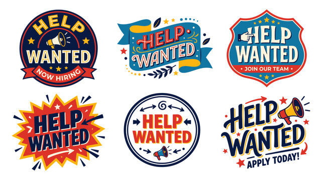 Help wanted signs and labels collection for business job recruitment, employment vacancy, now hiring, apply today, joining our team concept