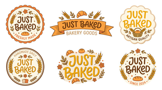 Collection of baking brand identity logos and badges featuring rustic wheat, fresh bread, and pastry elements, symbolizing delicious artisan quality and handmade daily goods