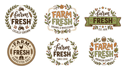 Fototapeta premium Farm fresh labels collection presenting organic, locally grown, wholesome, premium quality, and daily harvested produce concepts with natural elements and rustic typography