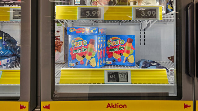 Pirulo fruit joy ice cream boxes in supermarket freezer