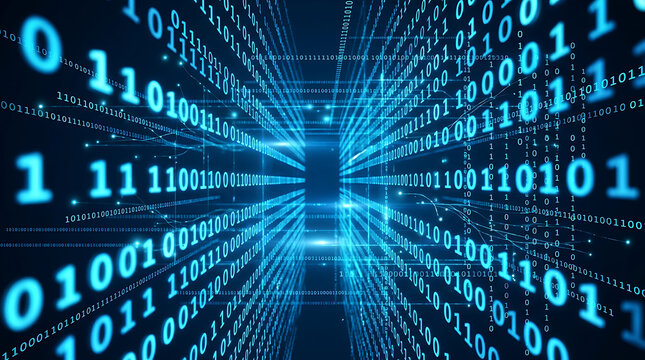 Binary code data stream in futuristic digital tunnel with glowing blue light