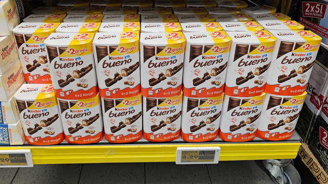 Kinder bueno chocolate bars on supermarket shelf during promotion