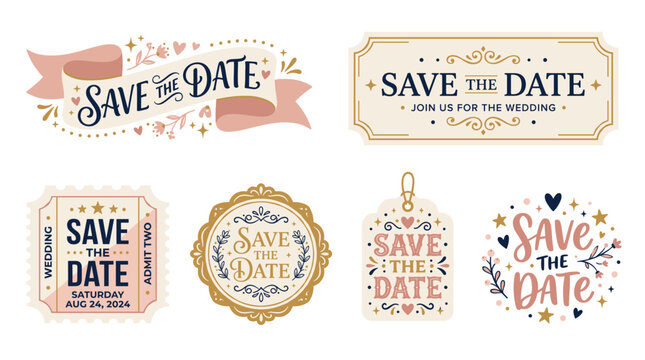Set of elegant save the date wedding invitation elements including a folded ribbon, card banner, ticket-style label, layered badge, hanging tag, and free composition