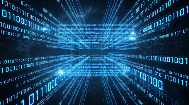 Binary Code Data Stream Tunnel in Futuristic Blue Digital Style