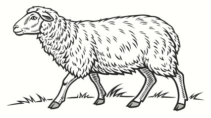 Graphic illustration of a woolly sheep standing in profile with livestock © Mehe