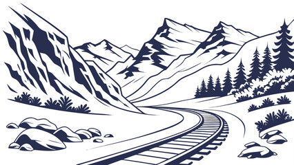 Mountain valley landscape with railroad tracks illustration mountain railroad © Mehe