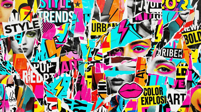 Colorful pop art collage style trends magazine torn paper texture background with urban bold typography