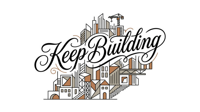 Keep Building inspirational hand lettering design with city construction skyline illustration.