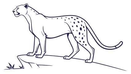 Minimalist line art drawing of a cheetah standing on a rock with predator © Md
