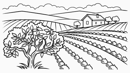 Agricultural farmland landscape with tree and house line art, landscape © Md