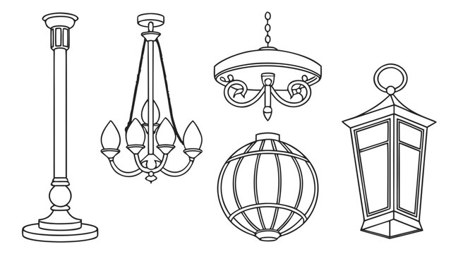 Set of hanging and ceiling light fixtures collection with chandelier, lighting