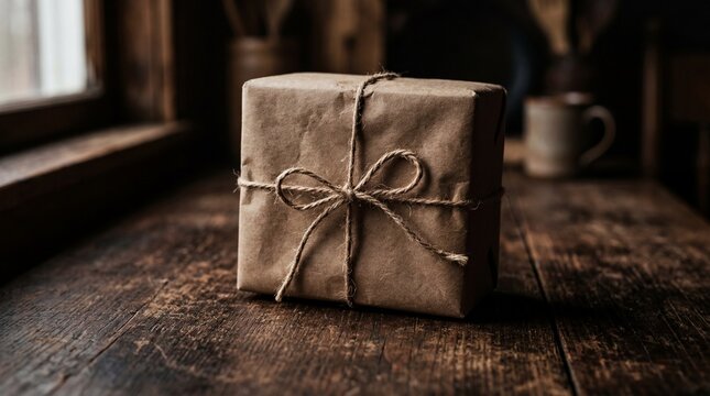 Rustic Brown Paper Wrapped Gift Box Tied with Twine.