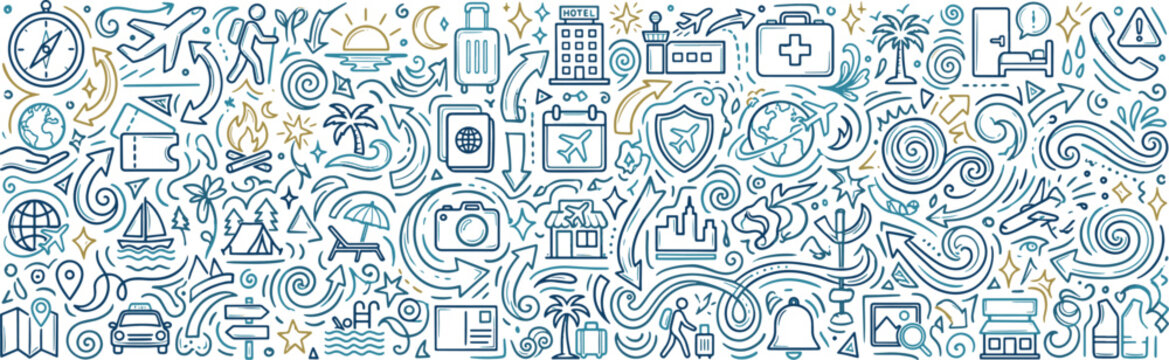 Travel and tourism icons doodle pattern hand drawn vacation concept with vacation airplane passport adventure handdrawn transportation traveling destination sightseeing transport