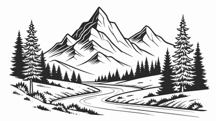 Naklejka premium Mountain peaks with winding road and pine forest landscape drawing, mountains