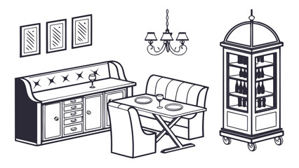 Dining room furniture and bar cart illustration with furniture, sideboard © Usa