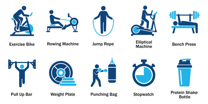Gym workout and fitness equipment solid icon set. Vector illustration of bodybuilding exercise bike symbol, sports weight lifting bench press graphics, and training sign on white background.