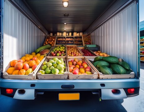 refrigerated truck trailer displays bountiful fresh fruits vegetables inside modern warehouse emphasizes efficient food logistics cold chain delivery produce distribution promotes healthy