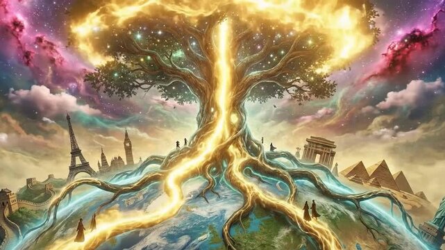 Giant glowing tree roots rise through world's landmarks under starry sky