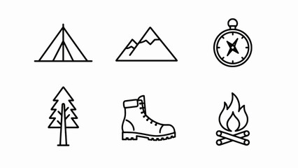 Fototapeta premium Camping and Hiking Icons Set: Tent, Mountains, Compass, Tree, Boot, Fire
