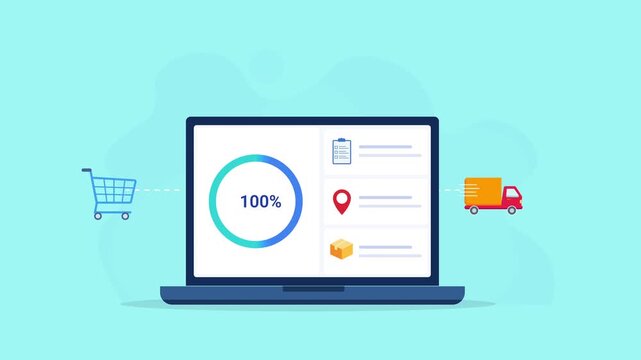 Animated flat vector illustration of a laptop displaying an ecommerce order tracking dashboard with shopping cart, location pin, and delivery truck icons. Modern order management, shipping, and logist
