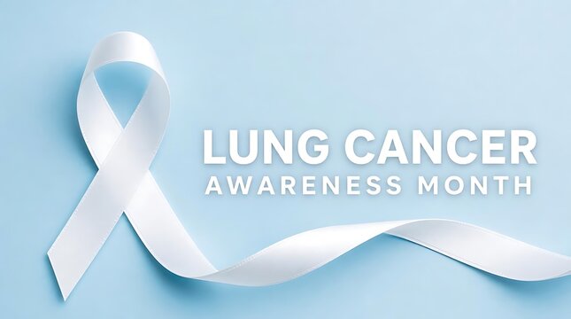 Lung cancer awareness month with white ribbon on light blue background, medicine