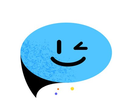 Speech bubble character winking. Blue cute cartoon vector illustration with texture, isolated on white