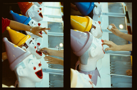 Diptych of Carnival Game With Clowns and Players Trying to Win
