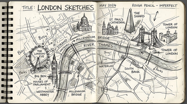 Hand drawn sketch map of london city landmarks in spiral notebook with notebook