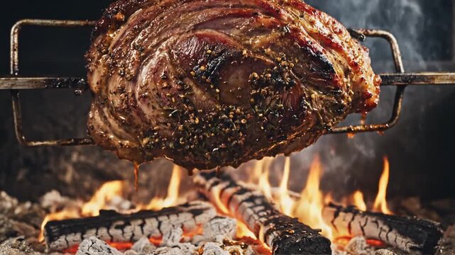 Seasoned meat roasting on rotisserie spit over open fire with flames and smoke.