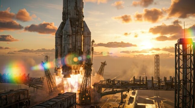 Rocket Launch at Sunset with Dramatic Sky and Smoke.