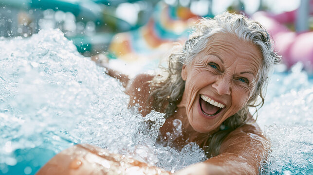 Lebensfreude pur: Begeisterte Seniorin lacht ausgelassen im Wasserpark. Konzept f&uuml;r aktives Alter, Vitalit&auml;t und unbeschwerten Sommer-Spa&szlig;.