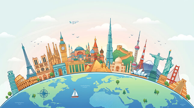 Vector illustration of global landmarks on planet earth with landmarks, heritage