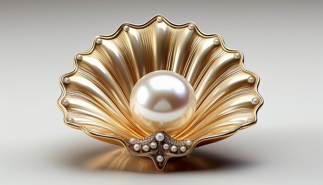 elegant pearl in a golden shell brooch on a white background generative ai