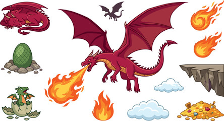 Mythical Red Dragon Vector Asset Set with Flying Fire Breathing Monster Baby Hatchling Egg and Gold Treasure for Fantasy Game Graphic Designs © SARIFA