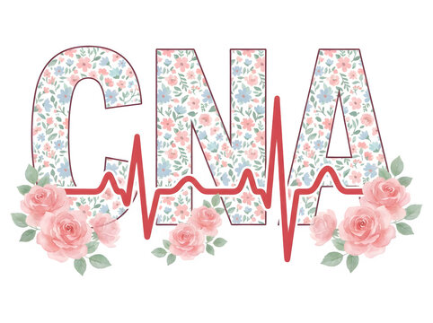 CNA typography with red heartbeat line and pastel watercolor pink roses floral pattern sublimation design fully focused with sharp edges and transparent background