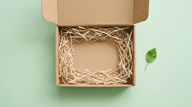 Open Eco Cardboard Box with Paper Straw Filler and Green Leaf on Mint Background Sustainable Packaging