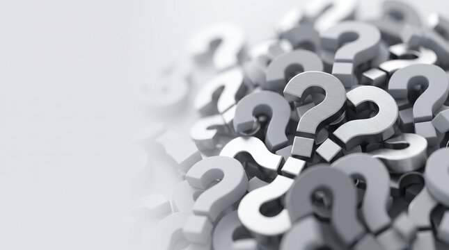 Pile of Silver and Grey Metallic Question Marks on White Background Concept of FAQ and Doubt
